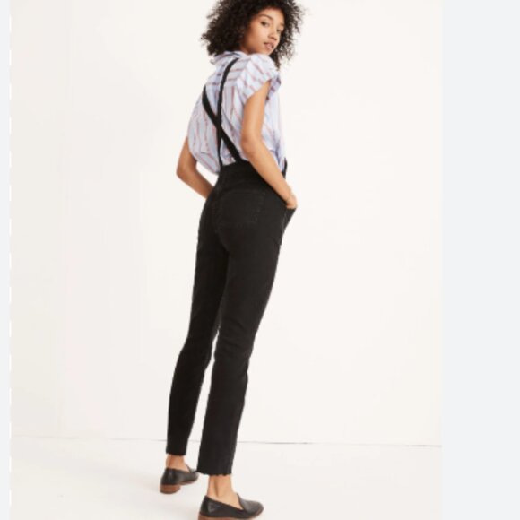 Madewell Skinny Overalls Denim XS Black Lunar Wash Chewed Hem Pockets - Picture 1 of 15